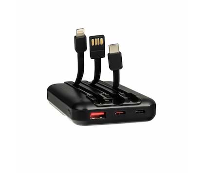 Powerbank 10 000 mAh med innebygde kabler